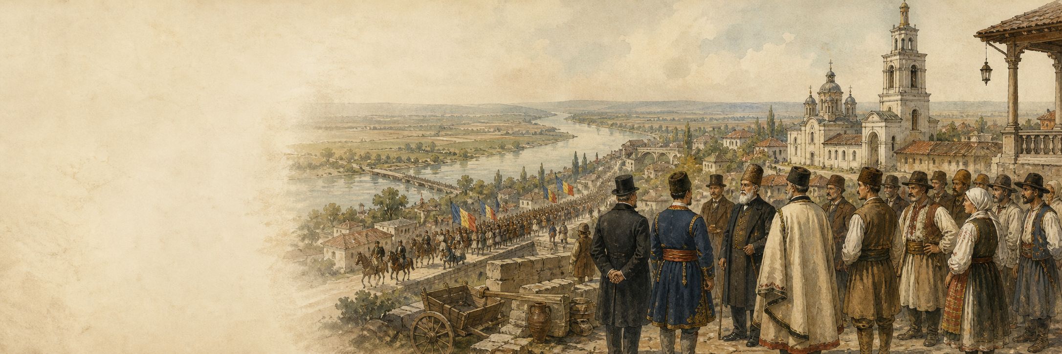 A historical reconstruction of A mounted leader and a flag-bearing procession cross a bridge before a gathered crowd at Moldavia and Wallachia, showing the setting of Unification of the Romanian Principalities