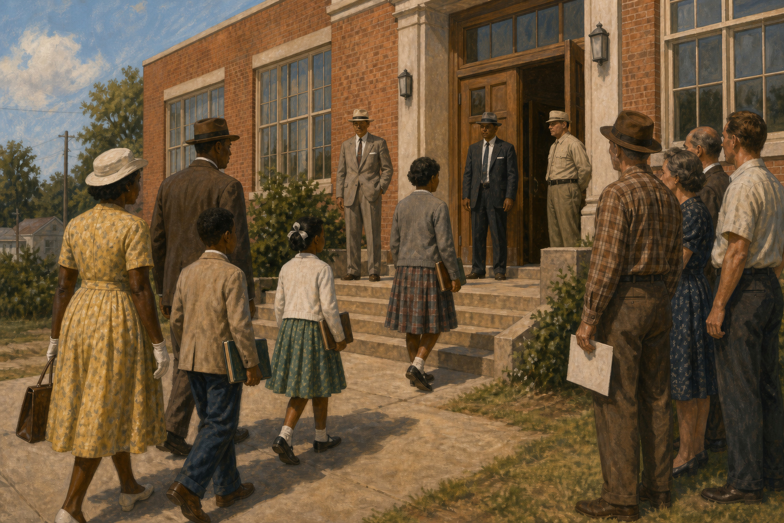 Illustration of Black children approaching a brick public school with family members while unmarked protectors hold a passage in the late 1950s