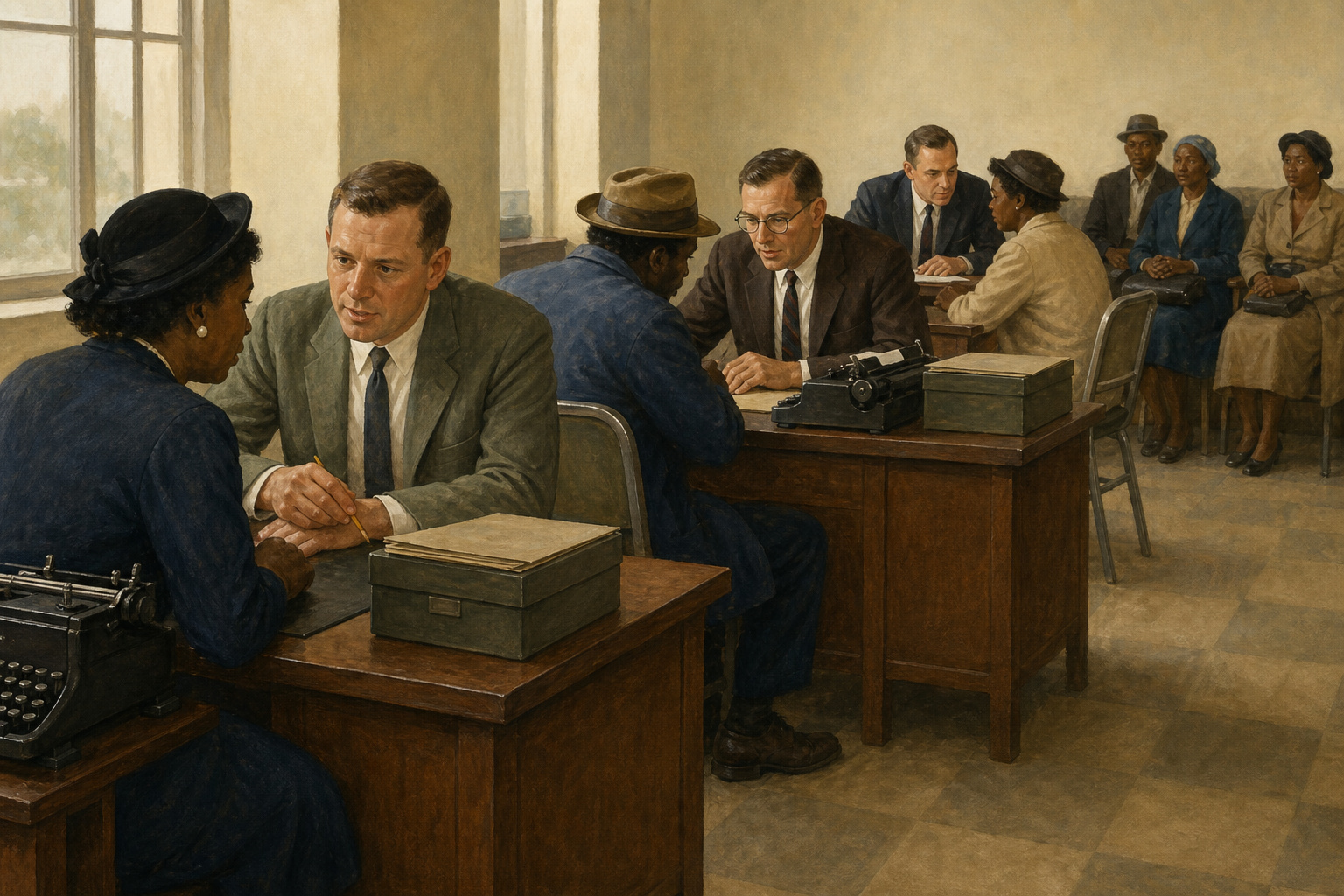 Illustration of civilian federal registrars assisting Black voters one-to-one at several desks with typewriters and file boxes after the 1965 Voting Rights Act