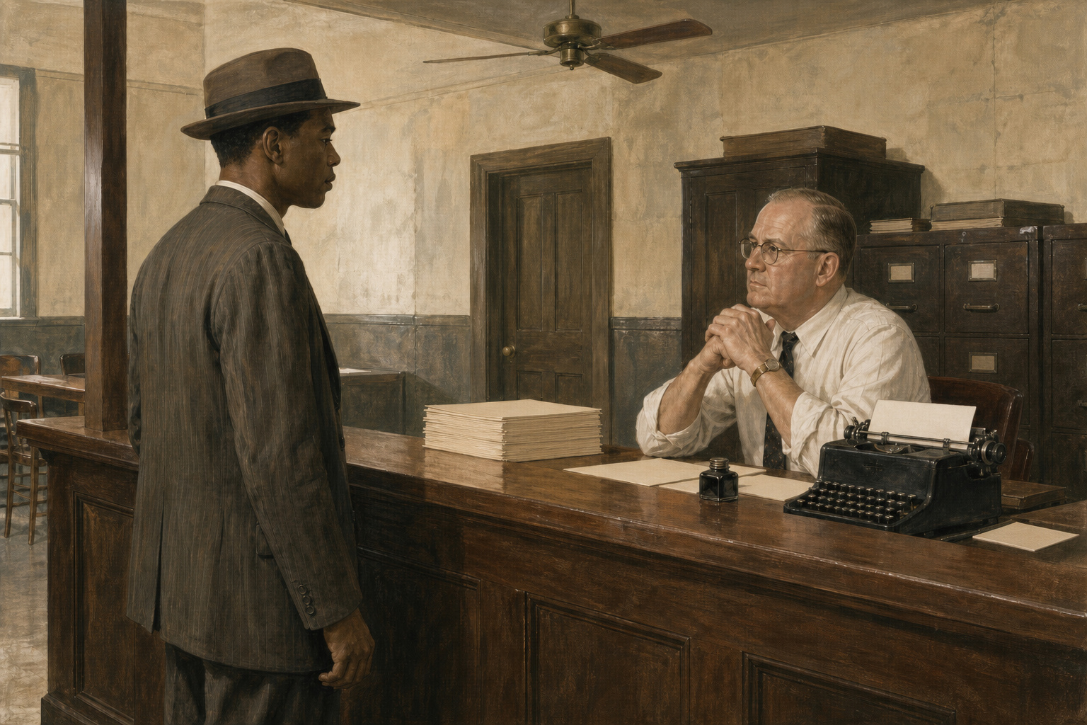 Illustration of a Black applicant facing a white registrar across a high wooden counter in a southern county office before 1954