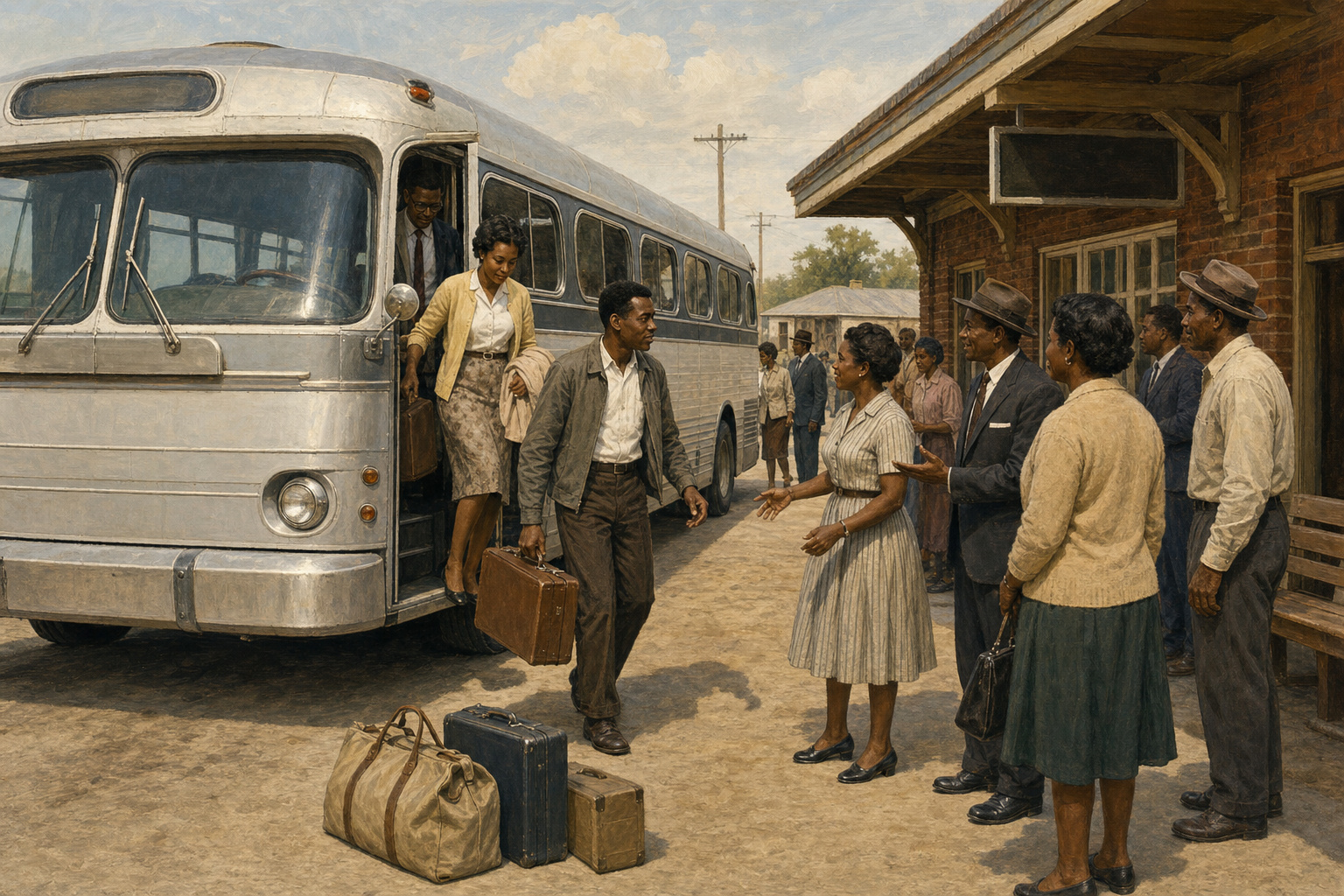 Illustration of Freedom Riders stepping from an unmarked intercity bus and being welcomed by local organizers with luggage at a southern station in 1961