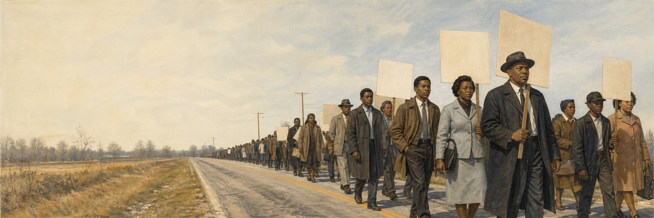 Illustration of Black voting-rights marchers and allies carrying blank placards along an Alabama road in 1965