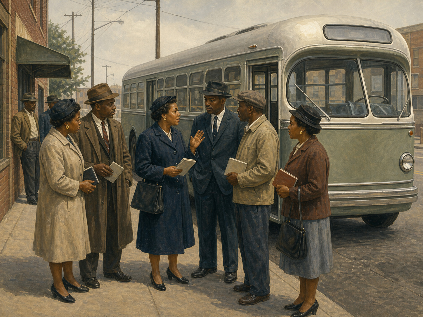 Illustration of Black riders and community organizers conferring beside a parked rounded city bus in Montgomery in 1955