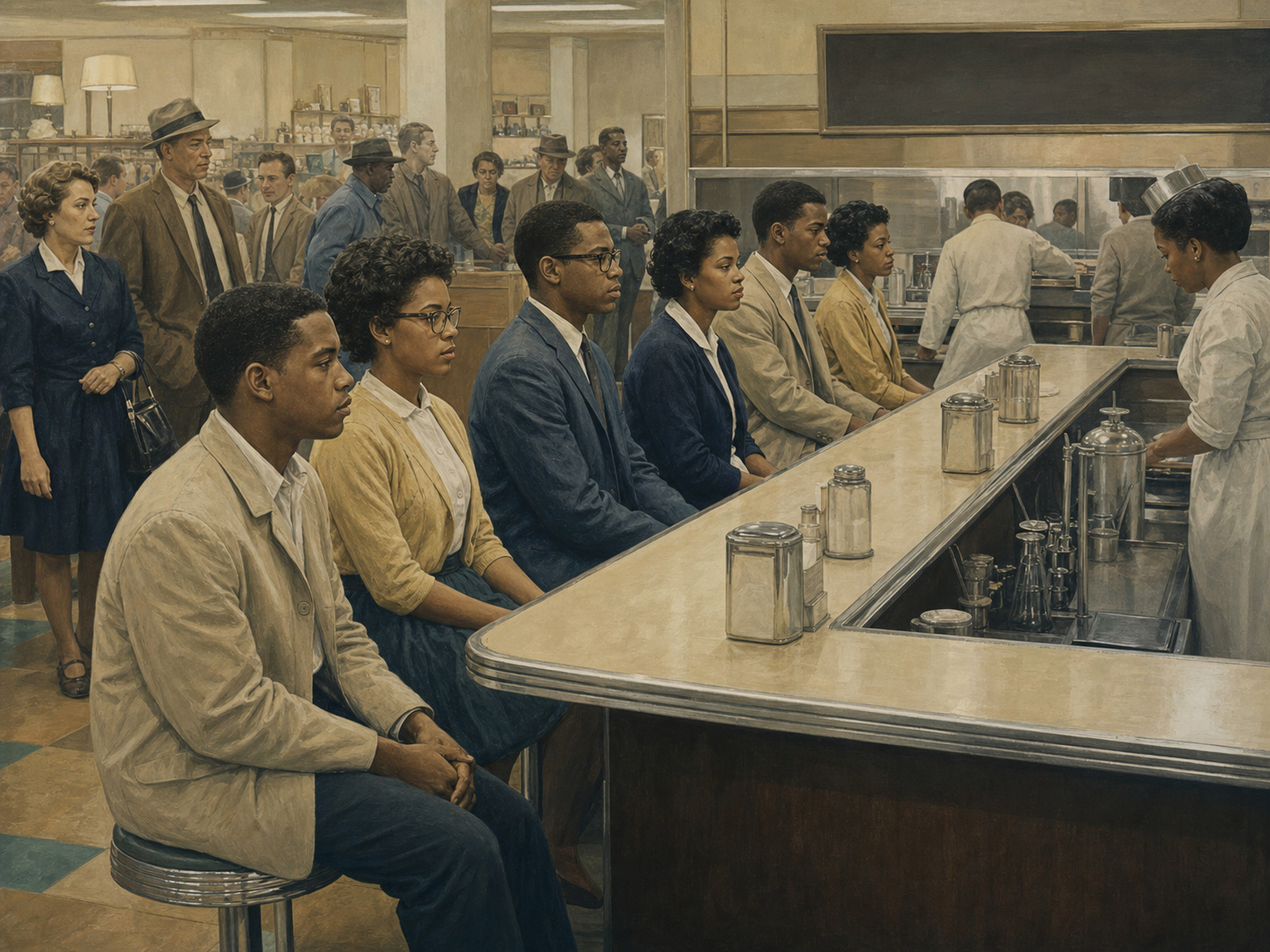 Illustration of Black students and allies maintaining a disciplined sit-in at a southern lunch counter before surrounding patrons and staff in 1960