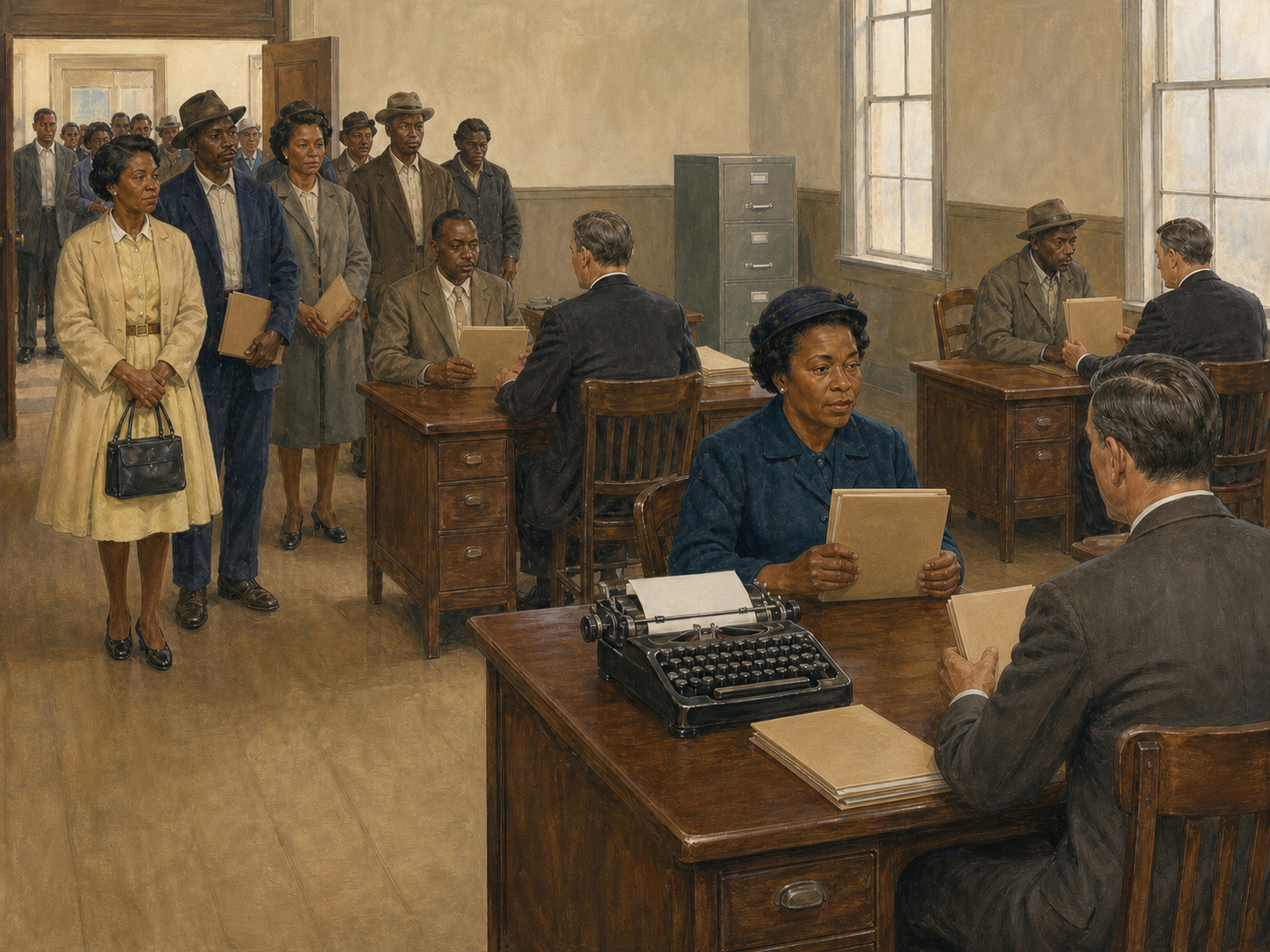 Illustration of Black voter-registration applicants, a waiting line, and civilian examiners at desks with papers turned away in a southern county office in 1965