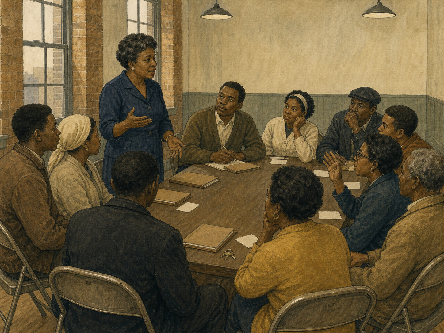Illustration of a Black woman speaking as neighbors discuss continuing housing, work, and police-procedure issues at a 1967 community meeting