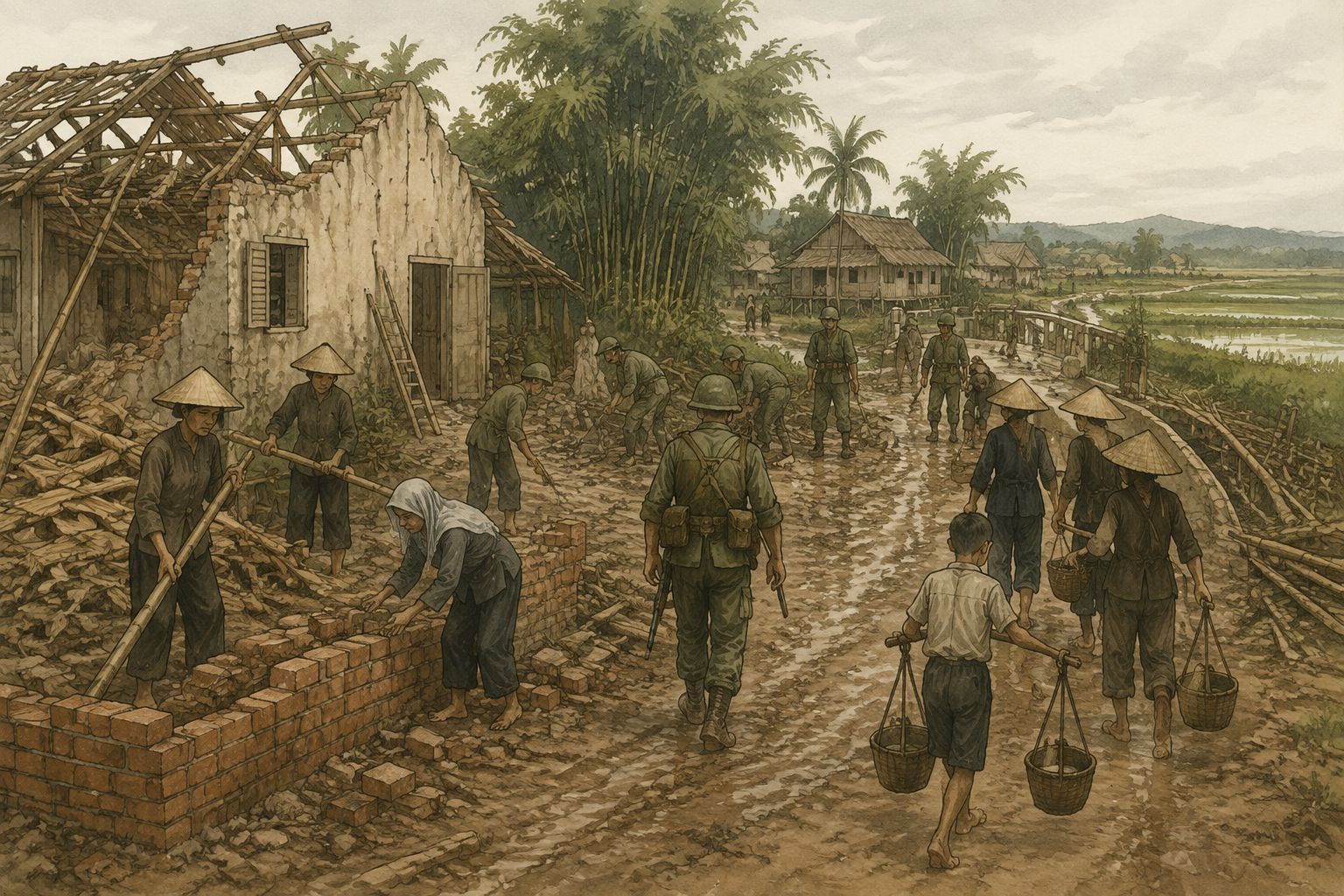 Soldiers and residents move toward recovery through a damaged Vietnamese village and rice fields