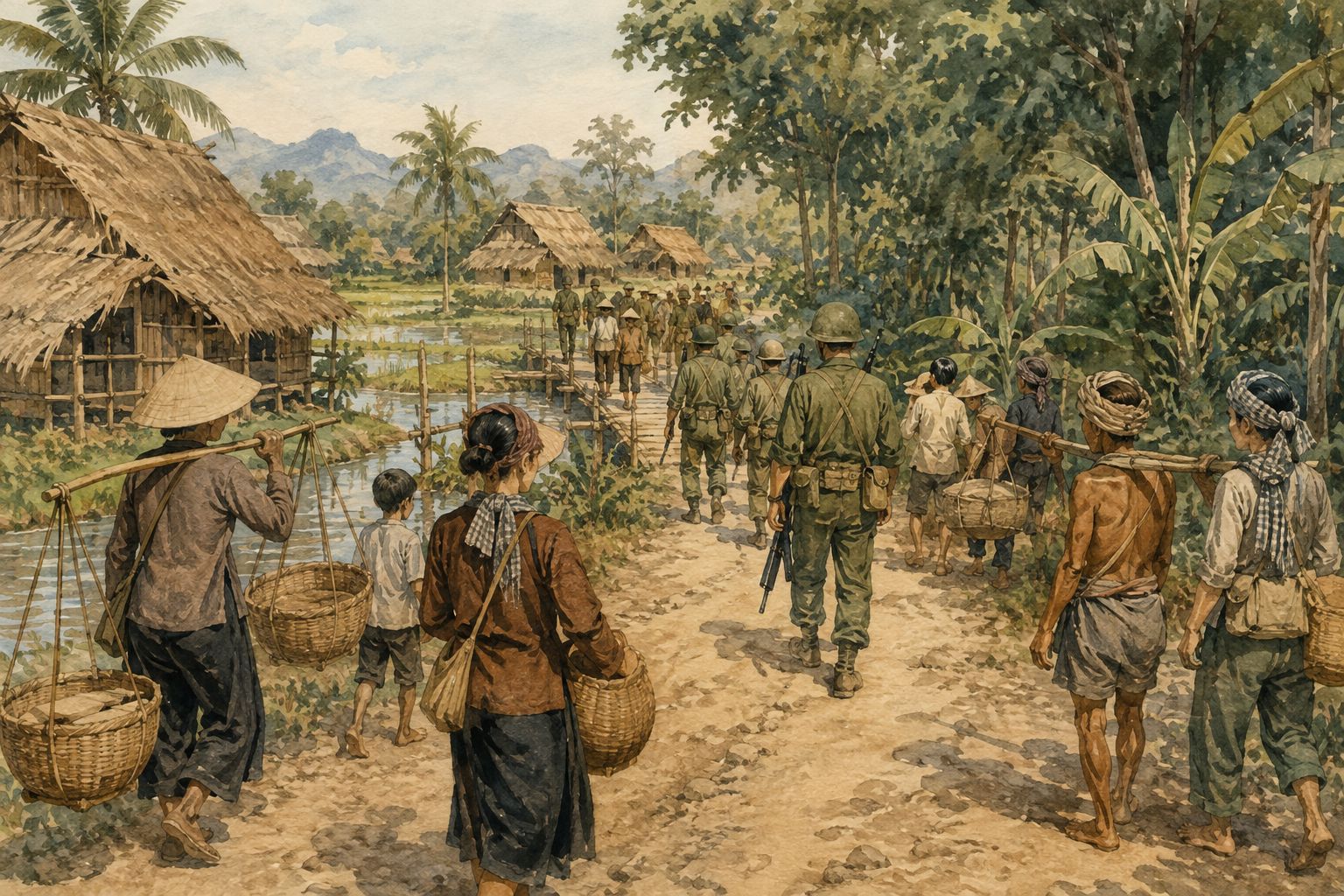 Soldiers and residents move through a Vietnamese village and rice fields where rural life meets conflict