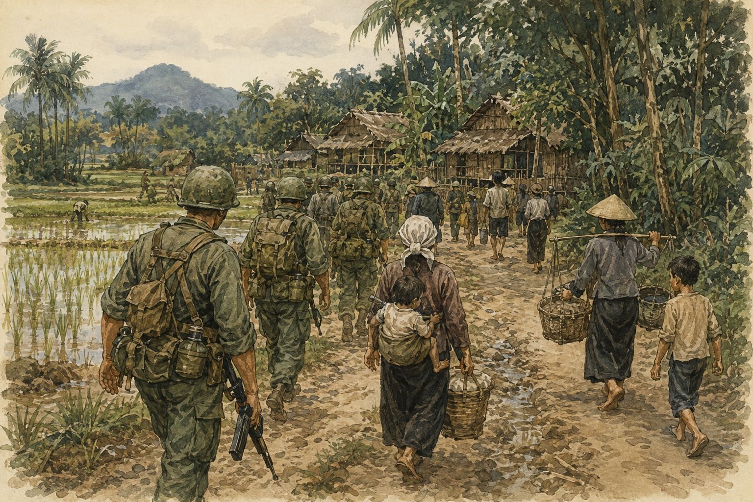 Soldiers, residents, and families moving along a Vietnamese paddy road in the central scene