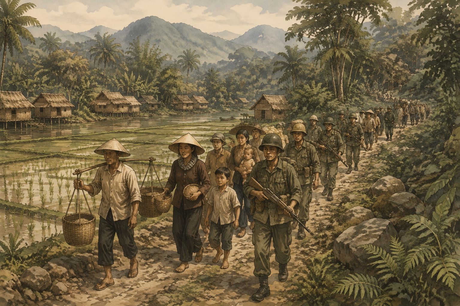 An elder teaches a map as soldiers and residents continue through Vietnamese rice fields and a mountain village