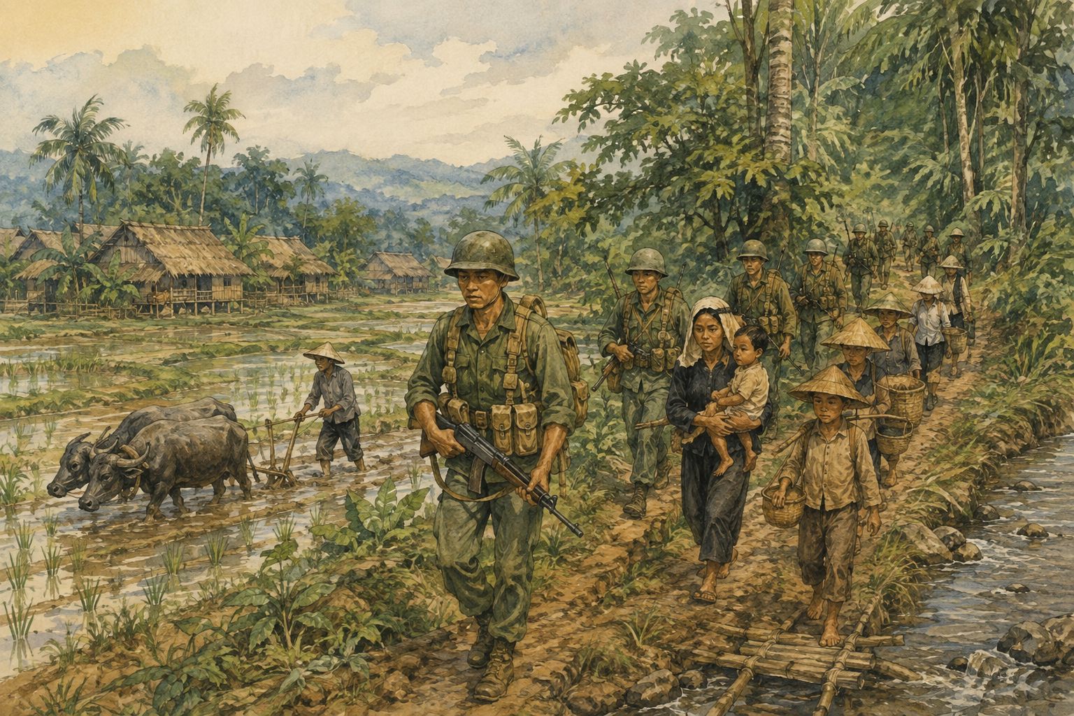 Soldiers and residents walk along a Vietnamese road with a mountain village and rice fields behind them