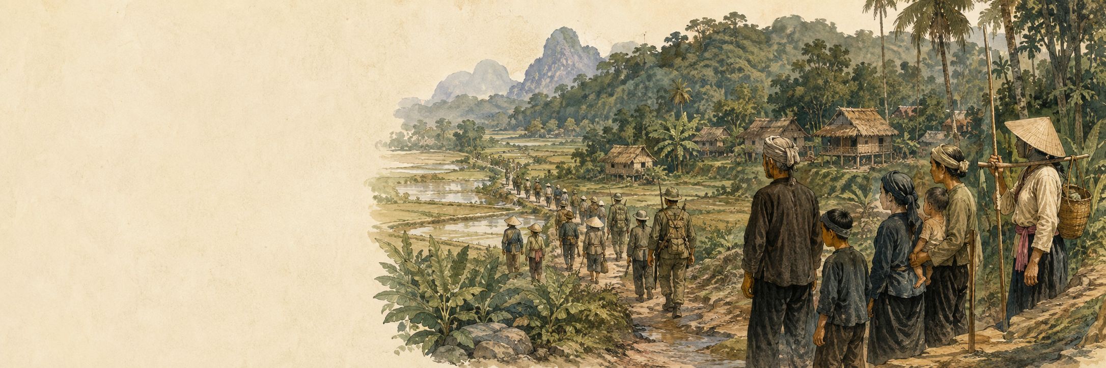 A wide chapter opener of soldiers and civilians moving through Vietnamese rice fields and a forested village, with pale space on the left