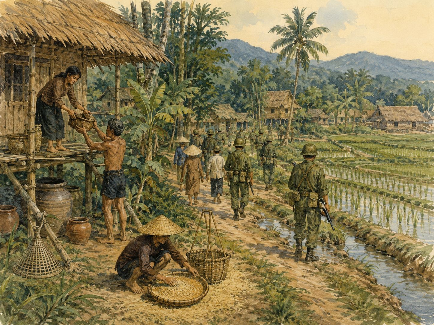 Farmers work beside raised houses as soldiers move along a forest path in a Vietnamese village