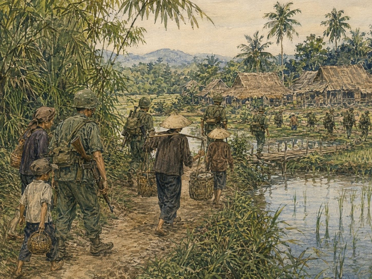 Soldiers and residents move along a Vietnamese paddy road with the jungle behind them