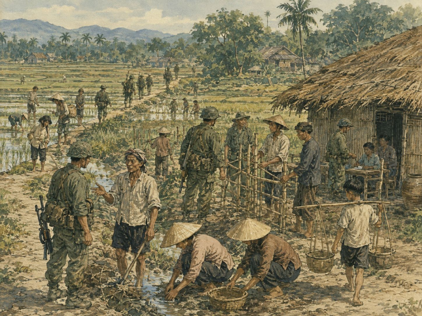 Soldiers and residents rebuild a paddy bridge beside a damaged Vietnamese village