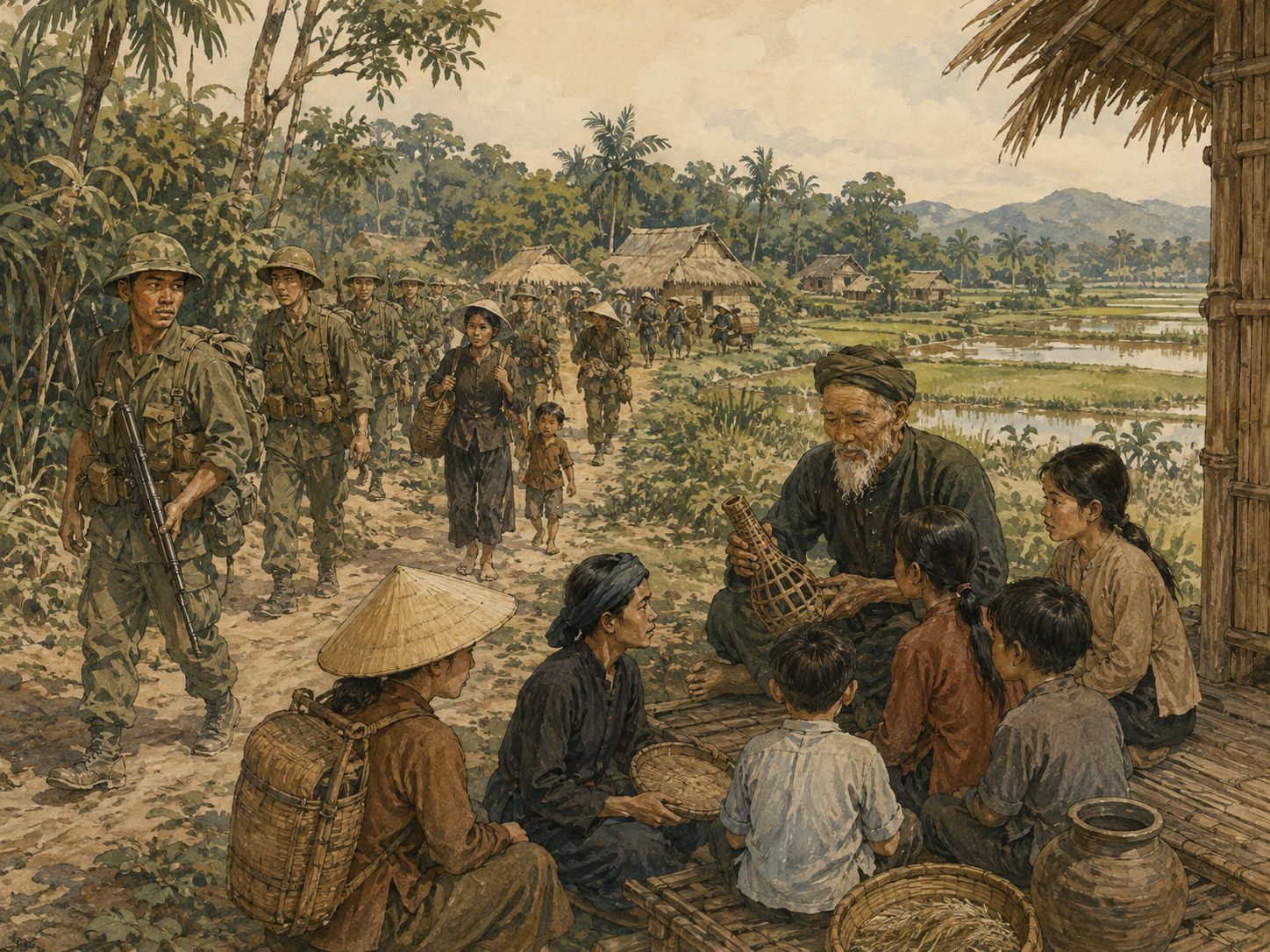 An elder teaches children from a map in a Vietnamese village as soldiers and residents cross the rice fields