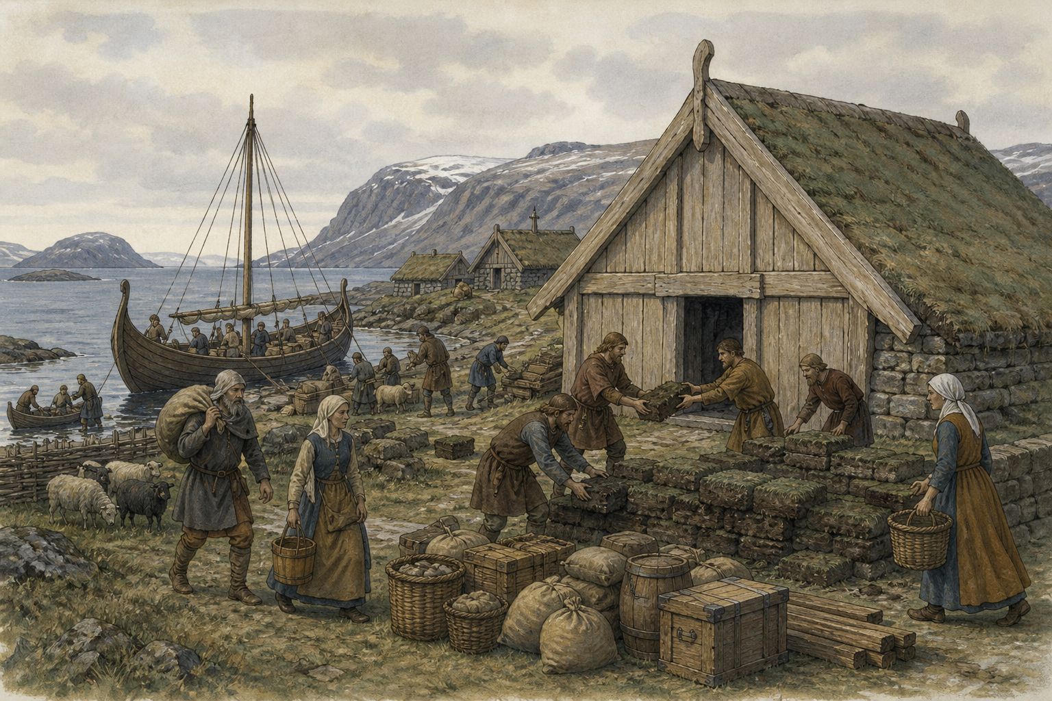 People beach a ship and build houses and a storehouse at a North Atlantic settlement
