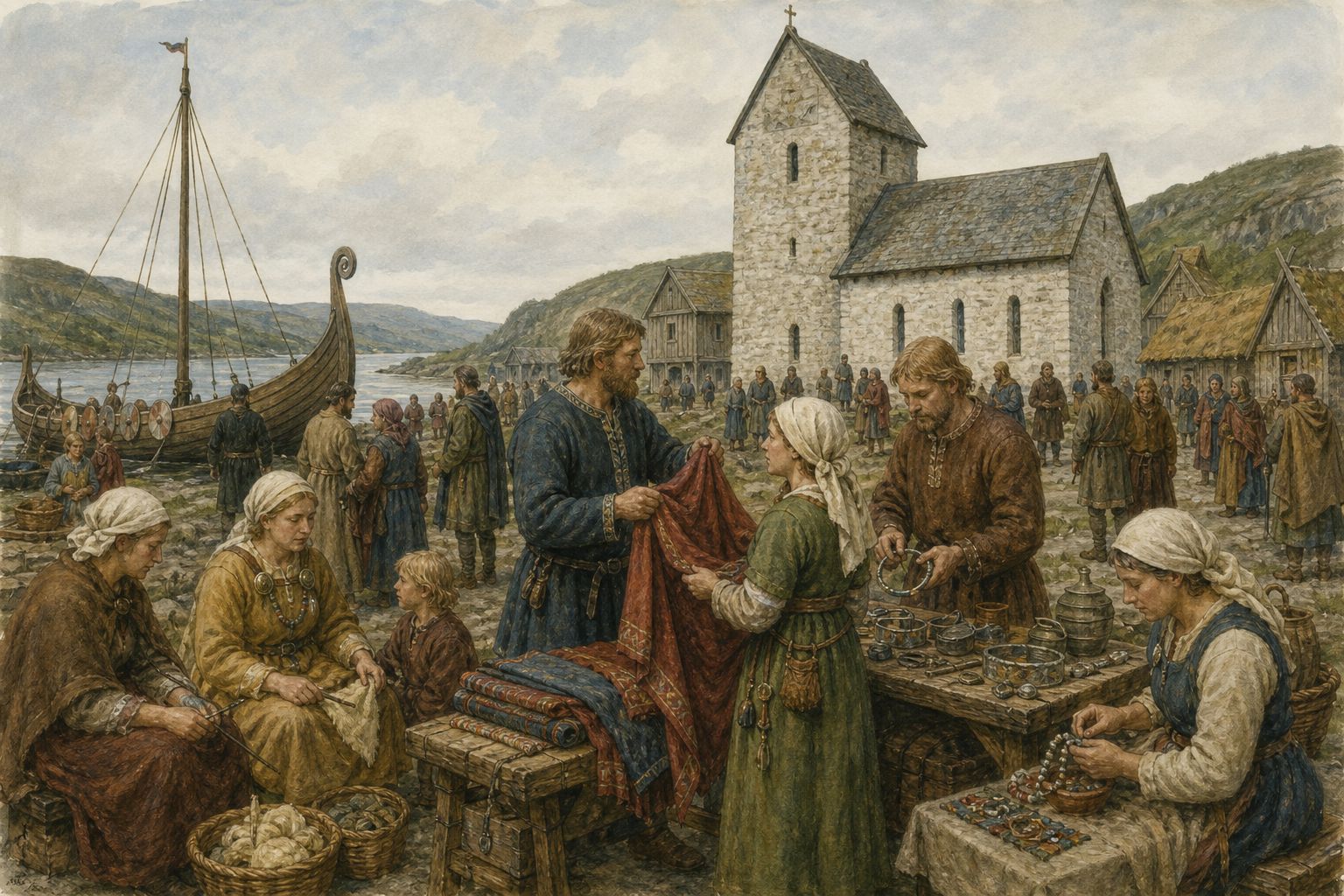 People exchange cloth, metal, livestock, and ship cargo at a market beside a church
