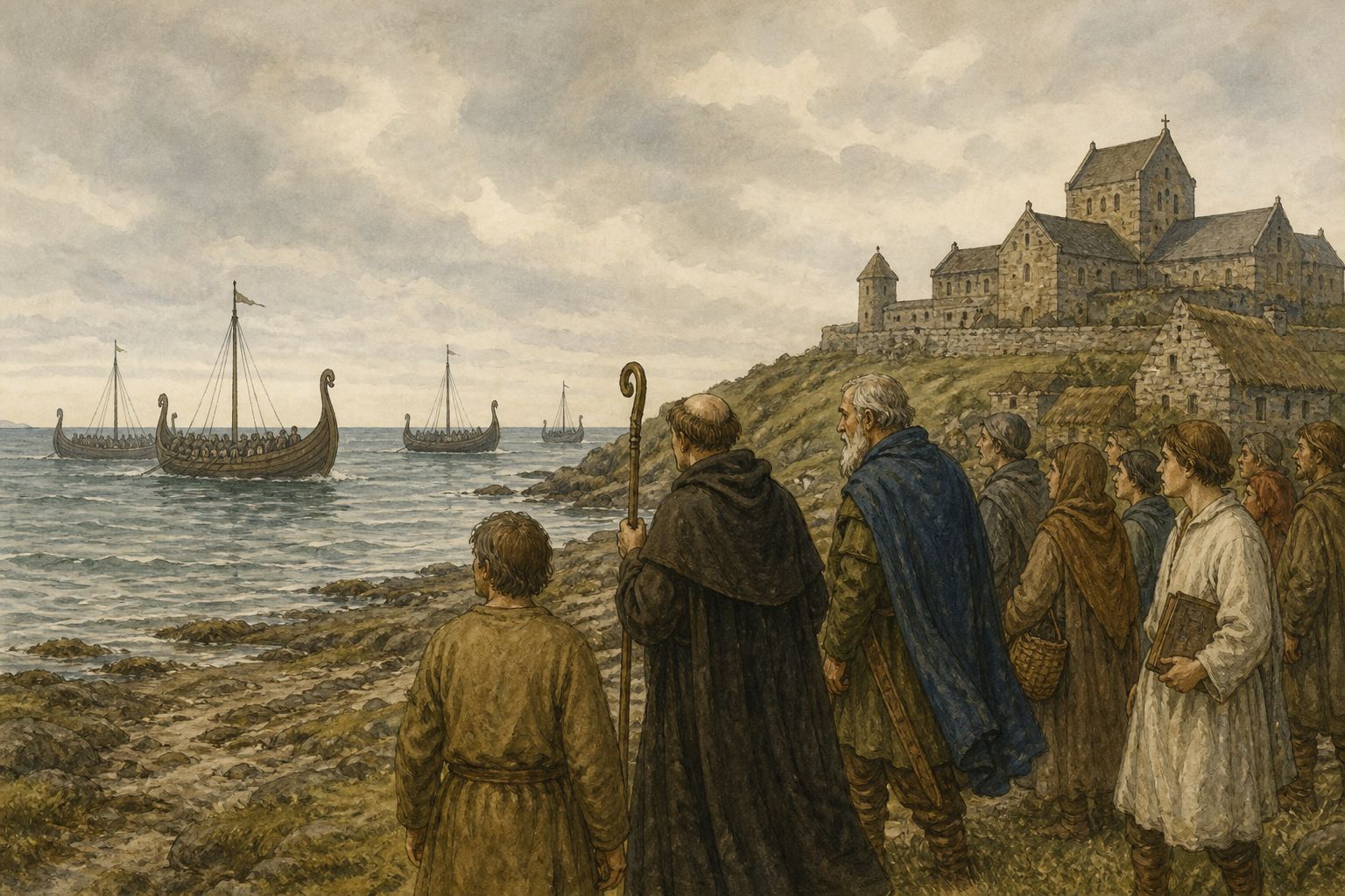 Residents watch ships approach a coast with a monastery around 793