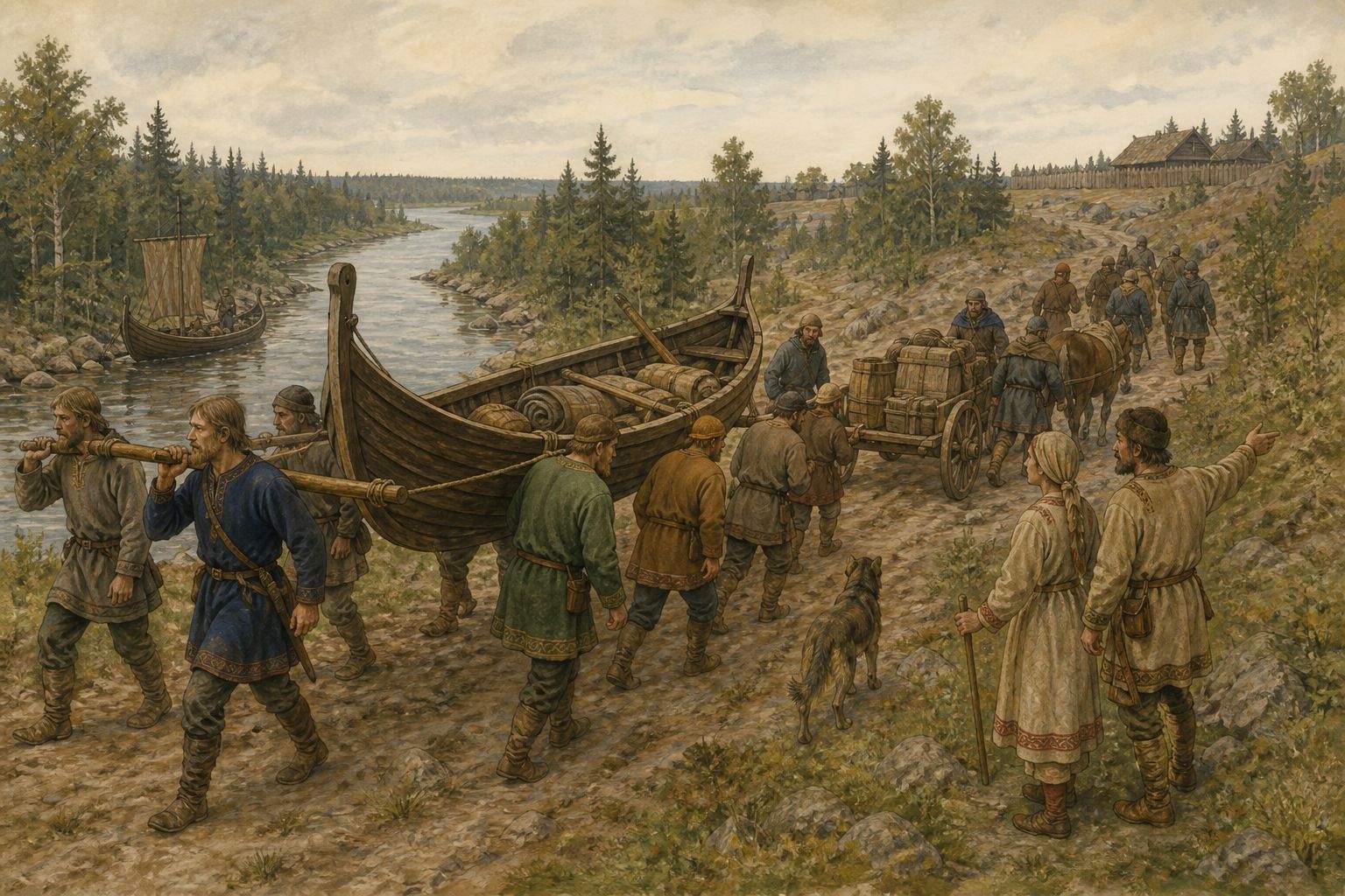 People portage a boat and carry barrels and cargo toward an eastern river trading post
