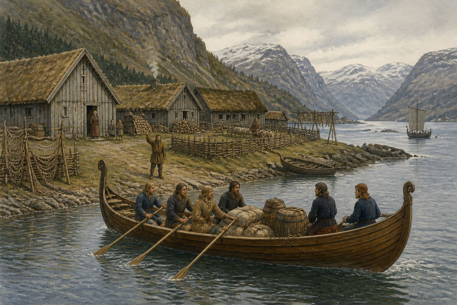 People repair a boat and prepare wool and winter stores at a fjord farm