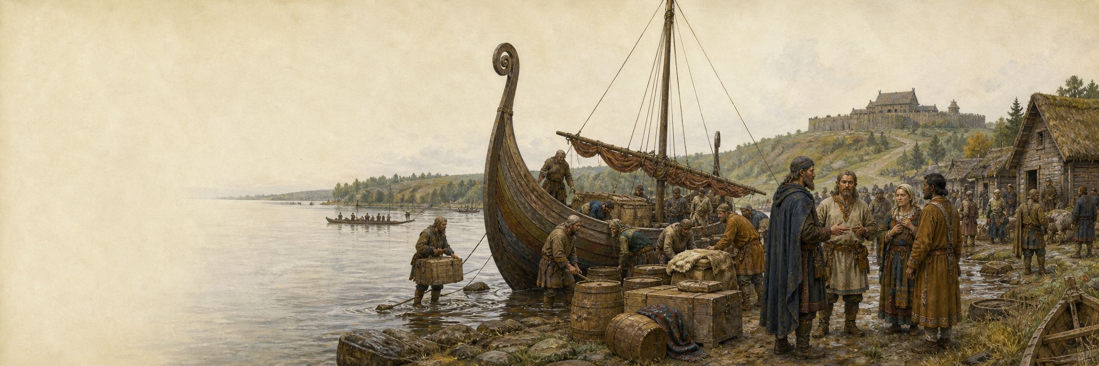 People unload a clinker-built ship and discuss trade and settlement at a ninth-century river landing
