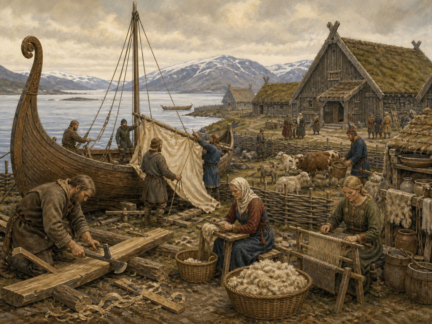 People shape planks and wool sails beside a Scandinavian farm