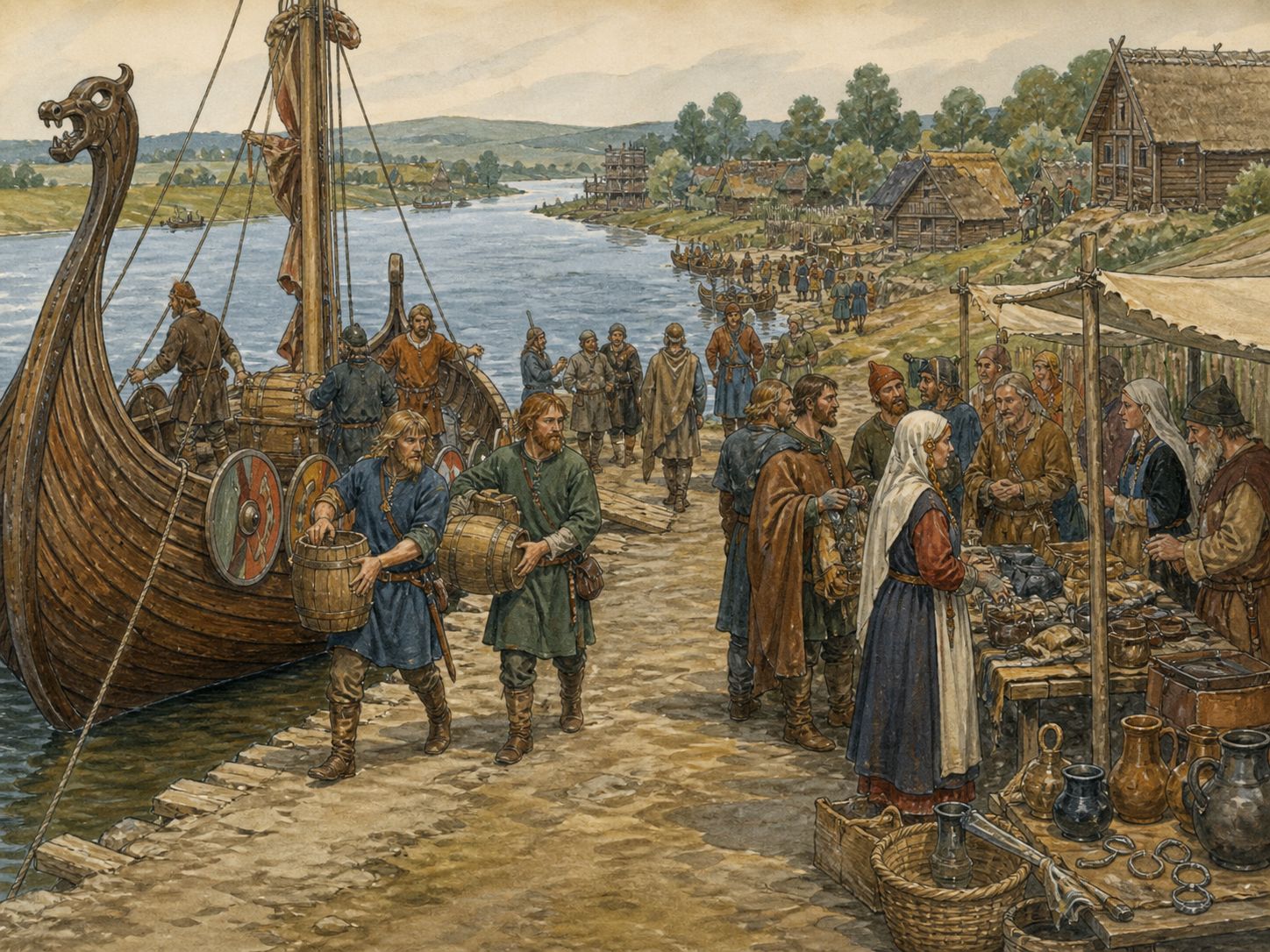 People carry barrels and tools from a ship toward a market and exchange goods with local traders at a ninth-century river port