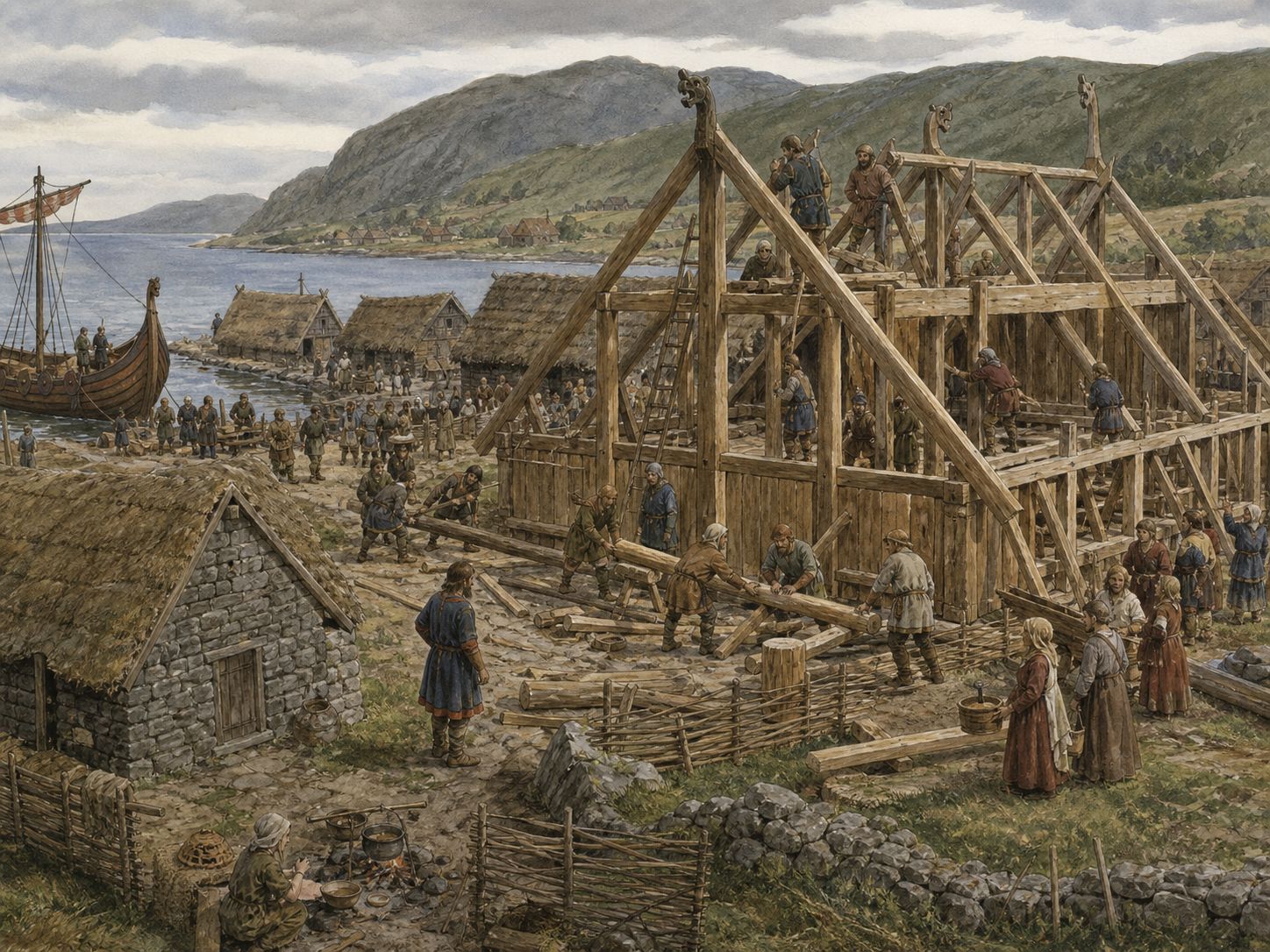 People rebuild timber buildings and distribute supplies in a new northern settlement