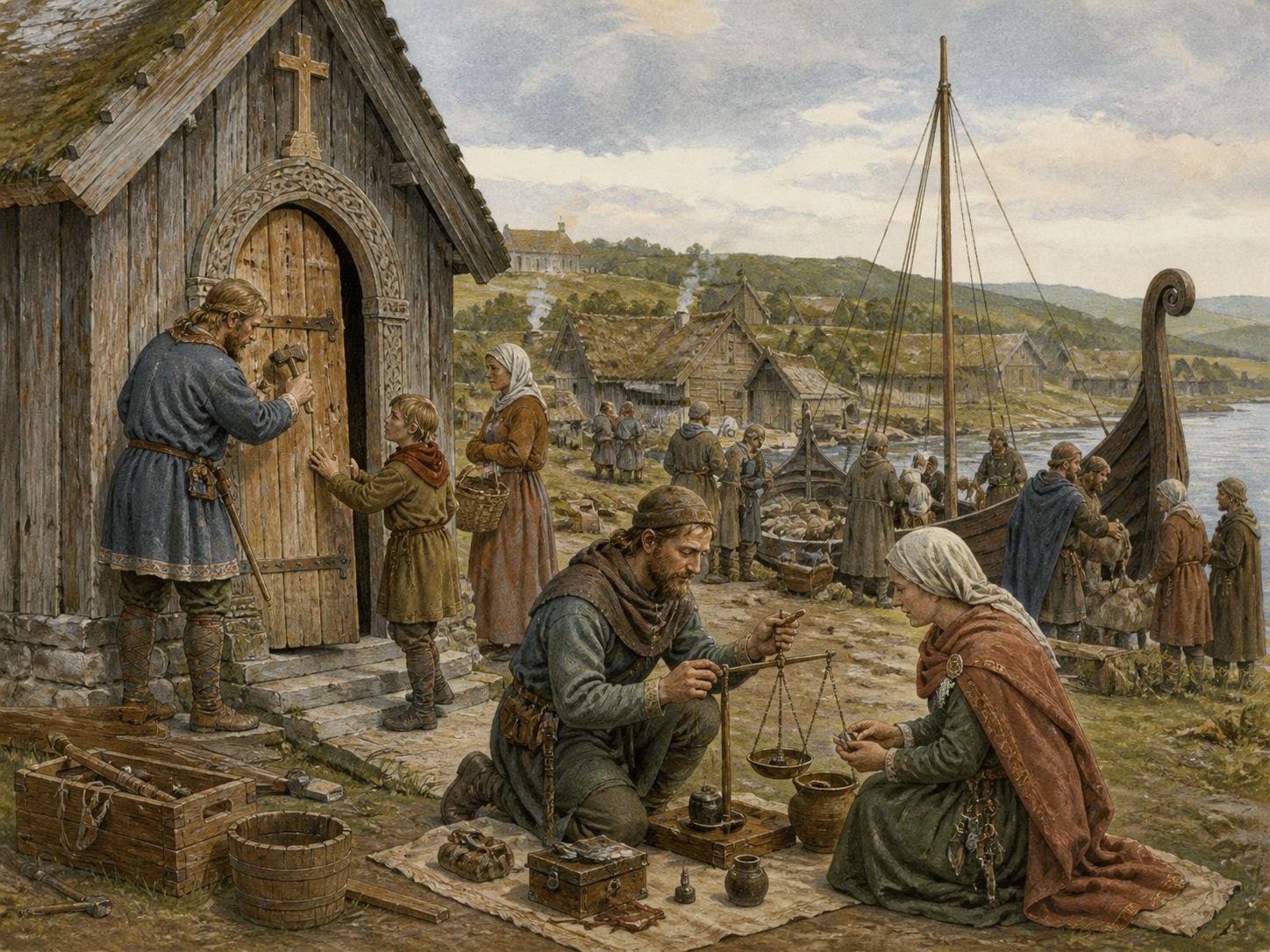 People from different communities compare cloth, metal, scales, and tools at a trading center