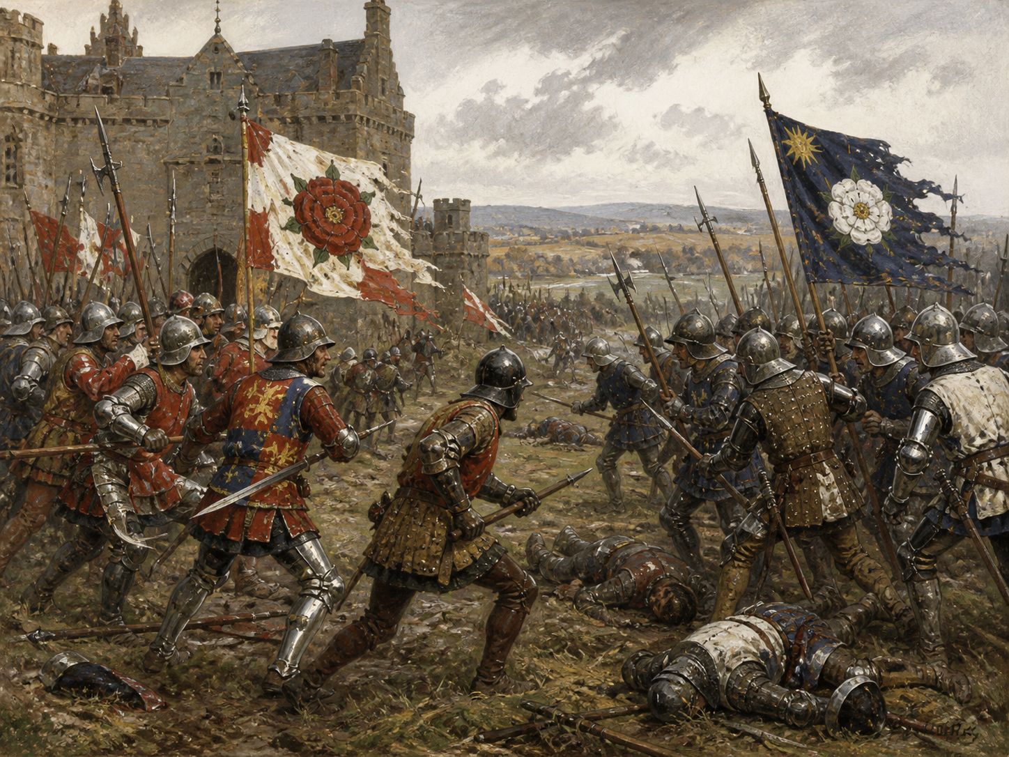 Historical reconstruction of Wars of the Roses's central action: Fighting at St Albans, Towton, Barnet, and elsewhere accompanied changes between Edward IV, Henry VI, and Richard III.