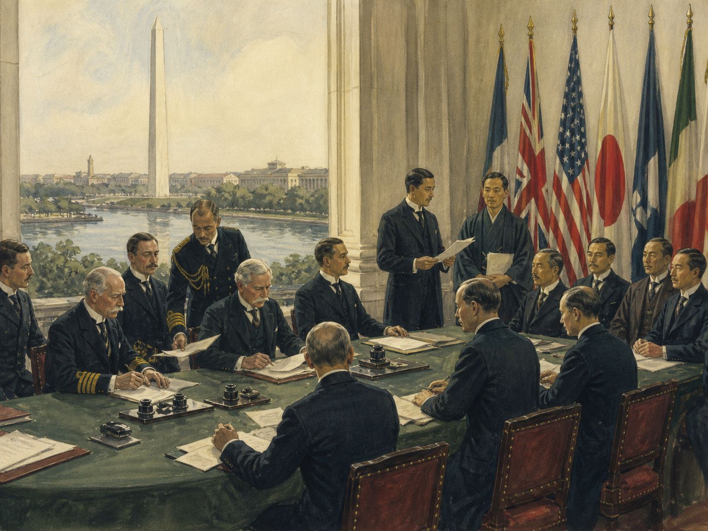 Historical reconstruction of Washington Naval Conference's central action: The Five-Power Treaty set capital-ship ratios and construction limits, while the Four-Power Treaty addressed consultation over Pacific possessions.