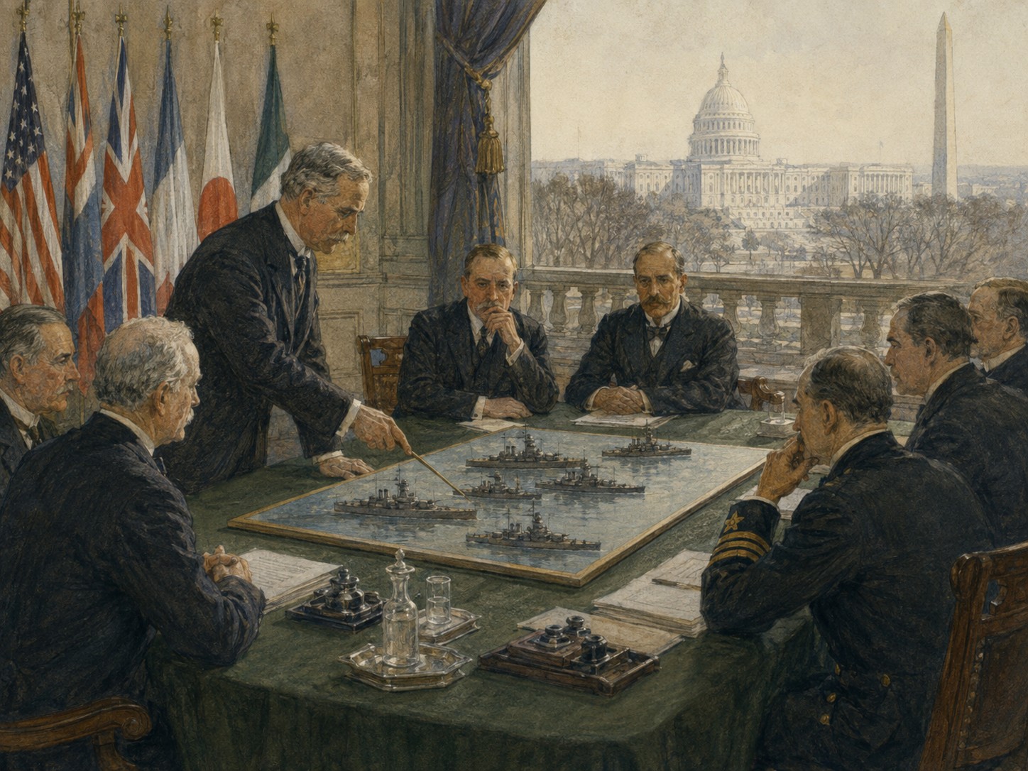 Historical reconstruction of Washington Naval Conference's long-term consequences: The Washington system was an attempt to manage disarmament through great-power treaties and numerical ratios.
