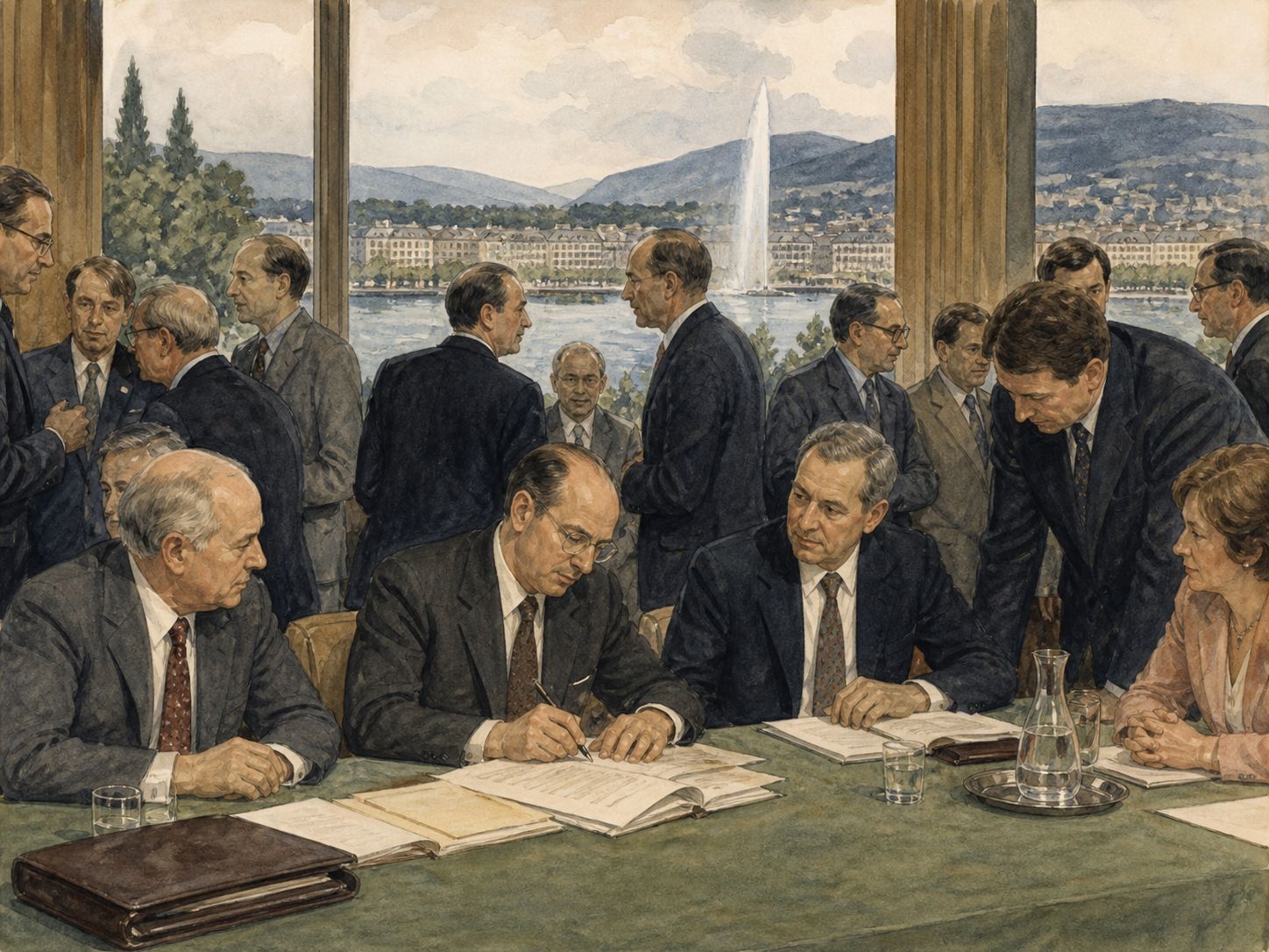 Historical reconstruction of Founding of the World Trade Organization's central action: Members signed the Marrakesh Agreement and established a Geneva-based secretariat and dispute-settlement system.