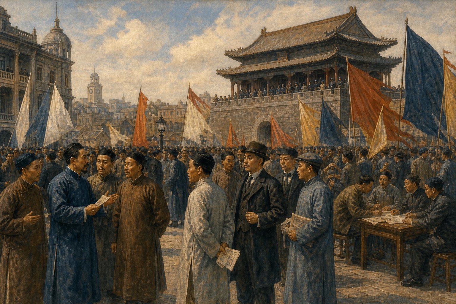 Illustrated reconstruction of New Army soldiers and civilians conferring at a Wuchang street junction