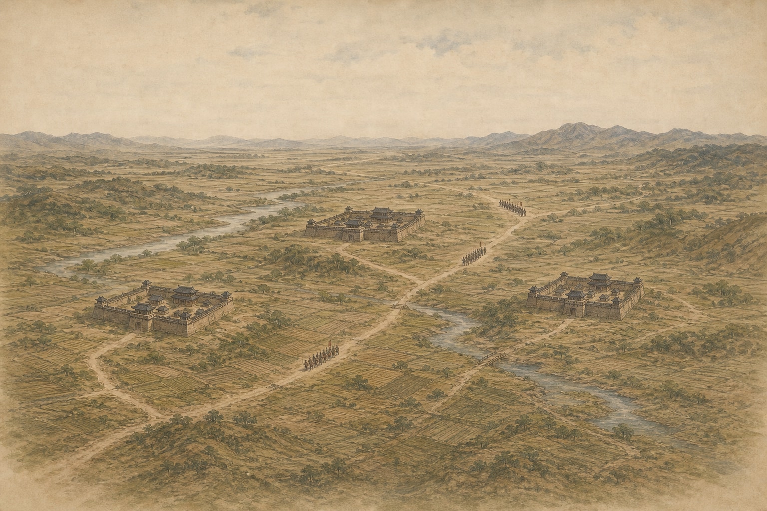 An elevated view of fields crossed by rivers and roads, with three separate walled towns and small troop columns moving between them beneath distant mountains