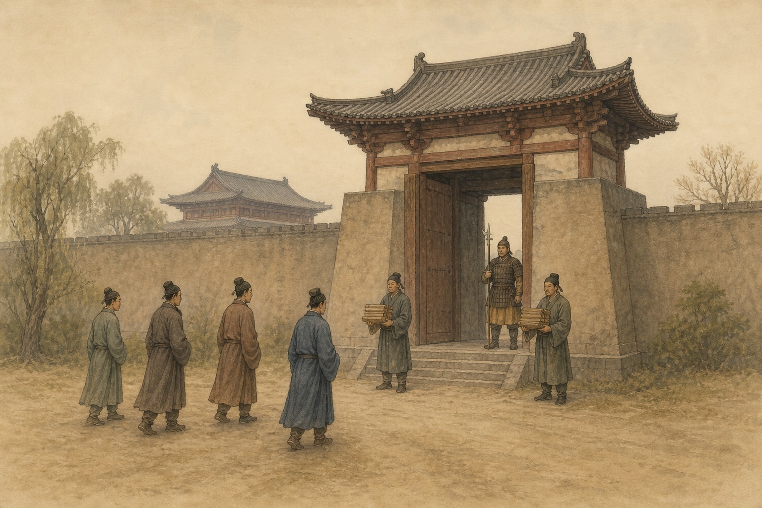 Before a walled gate, four robed men approach two officials carrying bundles of bamboo documents and a guard holding a halberd