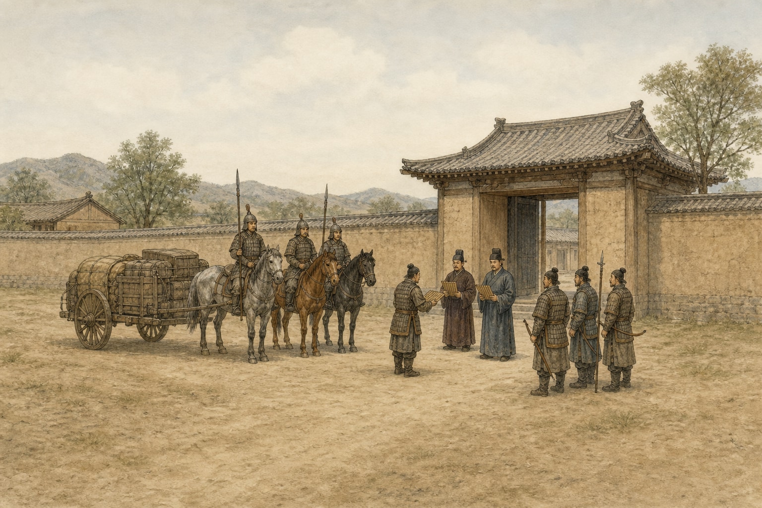 At the gate of a regional compound, an armored man presents a bundle of documents to two officials holding bamboo slips while a loaded cart, three mounted soldiers, and infantry with spears wait nearby