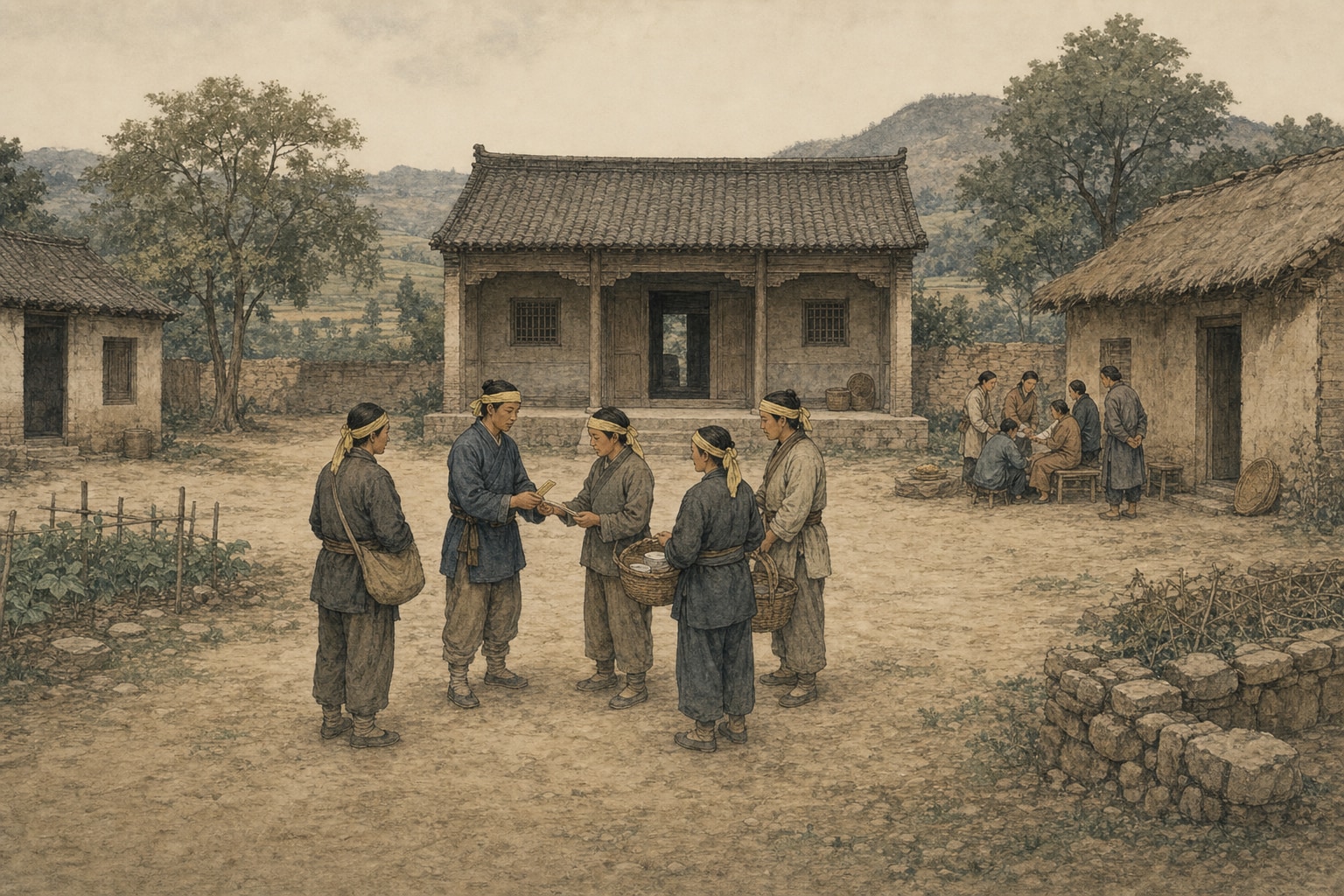 In a rural courtyard, people wearing yellow headcloths exchange bamboo tallies and baskets while another group gathers around a seated person in the background