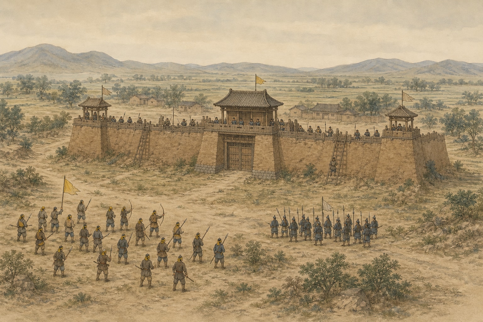 Before an earthen fort with closed gates, archers wearing yellow headcloths face a separate formation of soldiers with spears as two ladders lean against the wall