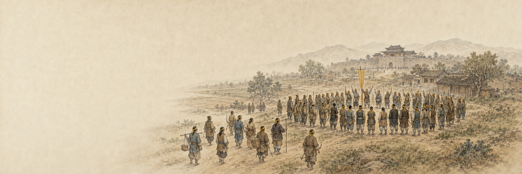 With fields and a walled city behind them, people wearing yellow headcloths arrive along a road and raise their hands around a yellow banner