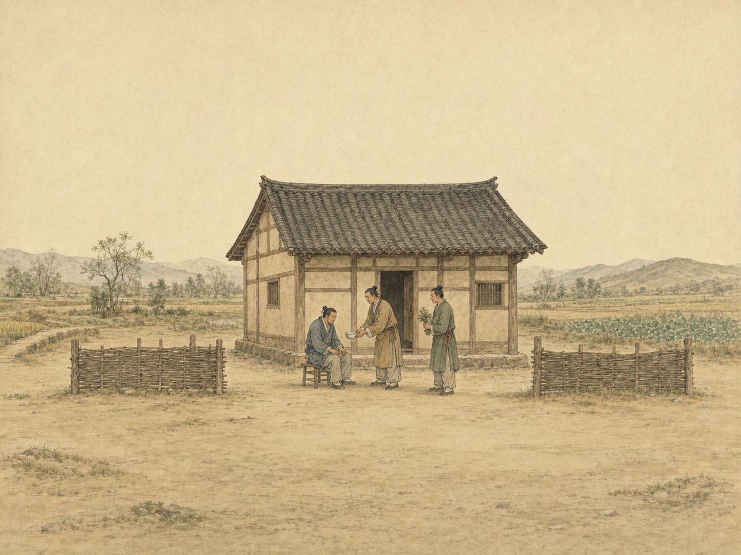 In a Later Han farming settlement, one man offers a bowl to a seated patient while another holds herbs in front of a farmhouse