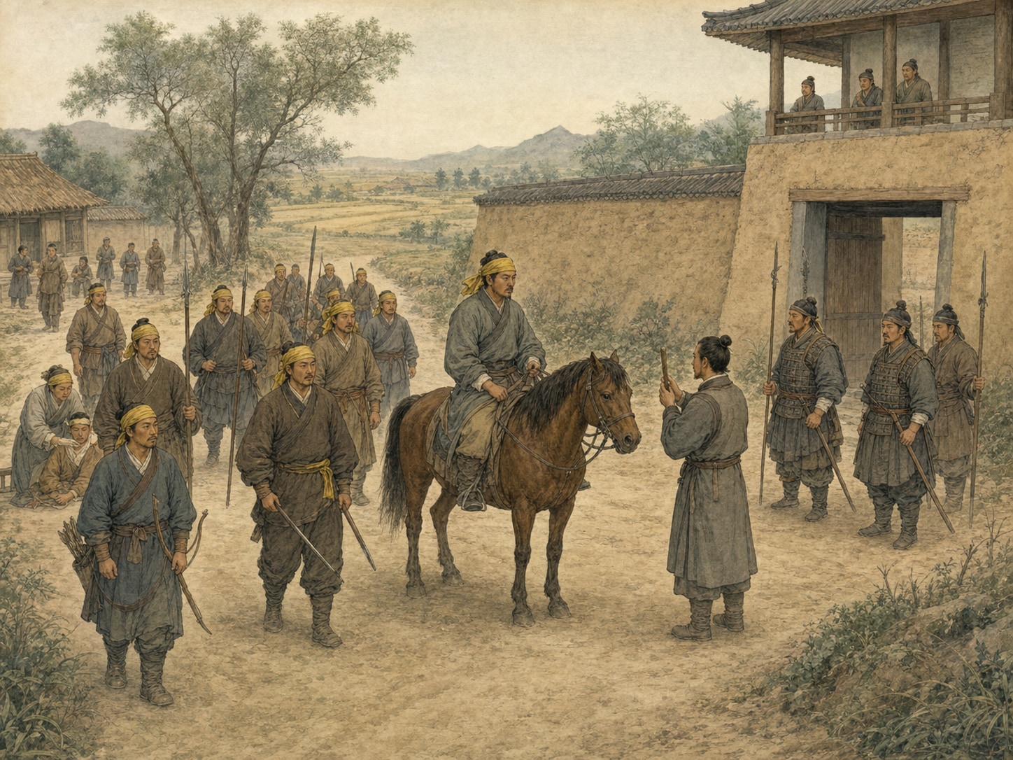 At an earth-walled gate, a group on foot and horseback wearing yellow headcloths faces armed guards with spears as a messenger holds up a tally between them