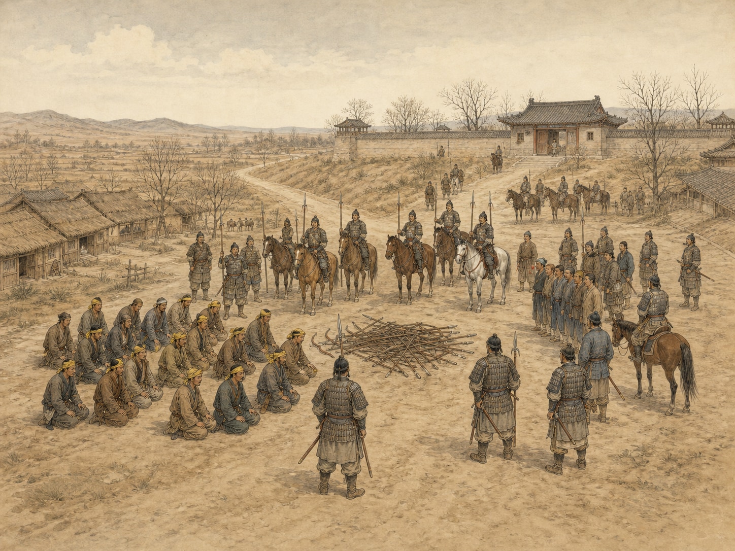Outside a fortified compound, people wearing yellow headcloths kneel before a pile of bows and spears while infantry and mounted soldiers surround them