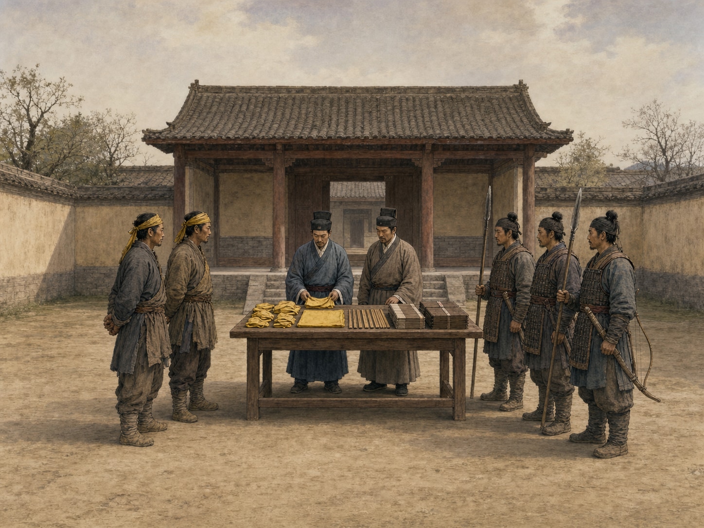 In an administrative courtyard, two officials sort yellow cloths, bamboo tallies, and bound bamboo registers on a table, flanked by men in yellow headcloths and soldiers holding spears