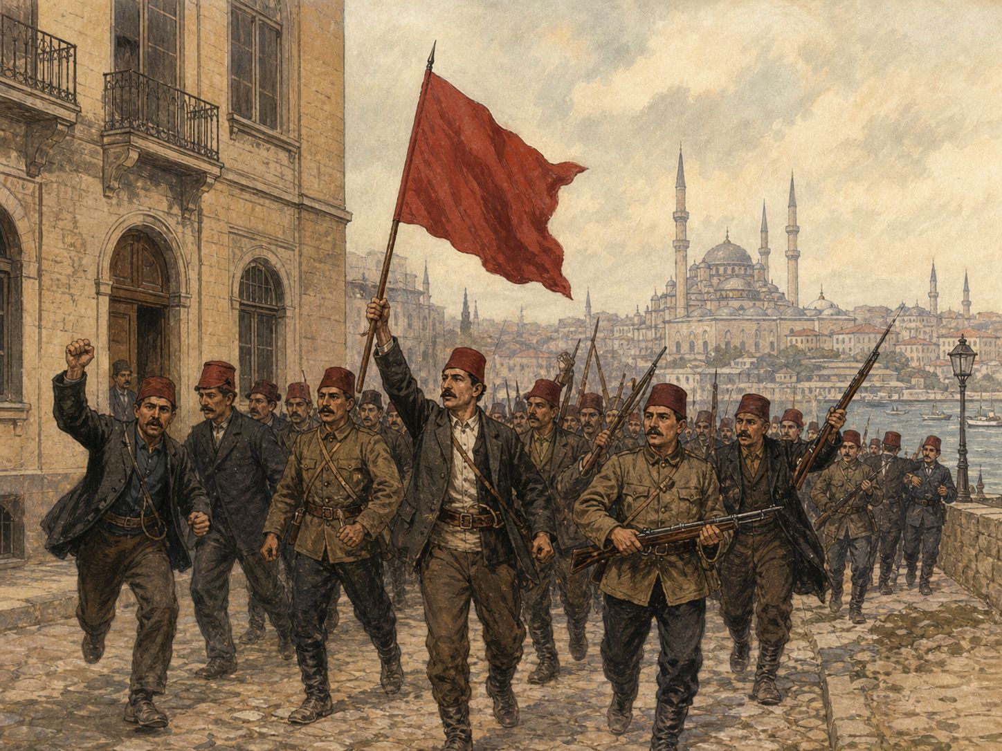 Historical reconstruction of Young Turk Revolution's central action: Military units in Macedonia and the Committee of Union and Progress revolted and forced the sultan to restore the constitution.
