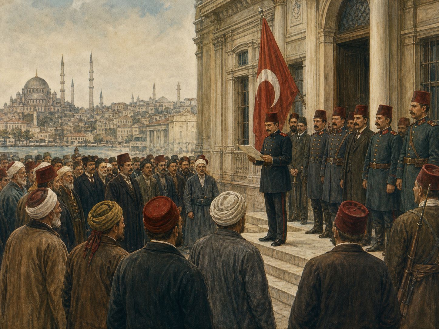 Historical reconstruction of Young Turk Revolution's immediate aftermath: Parliamentary politics resumed, but conflicts over nationality, centralization, and war remained unresolved.