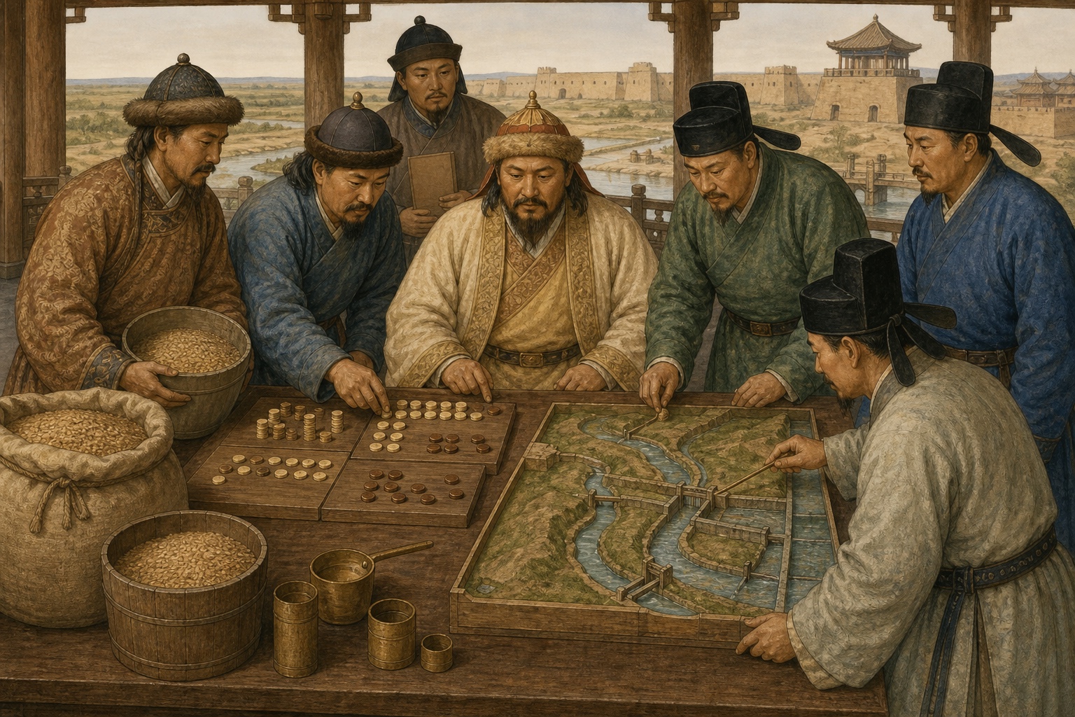 Advisers reviewing grain counters and an irrigation model in a room overlooking a northern Chinese city