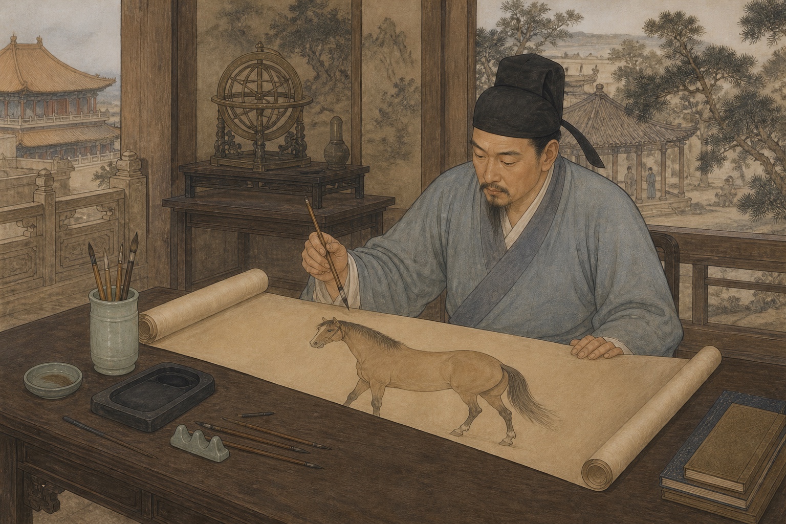 A Yuan scholar-official painting an unsigned horse image on a handscroll beside brushes and an inkstone
