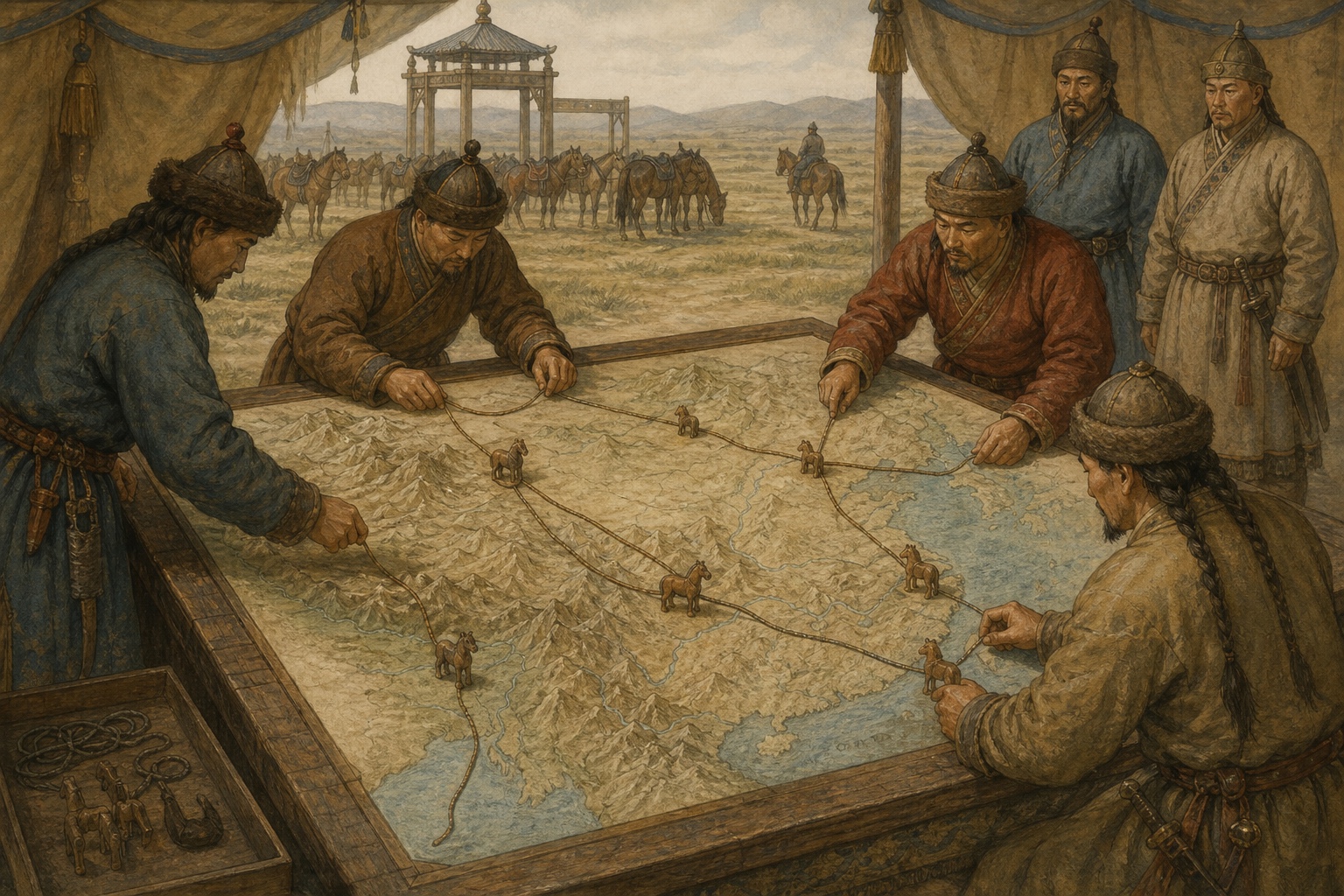 Couriers placing horse tokens and cords on an unlabeled relief map inside a tent